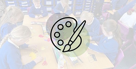 Disgyblion Ysgol Bryn Garth gyda eicon peintio dros y llun