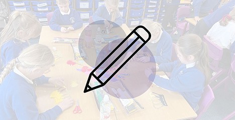 Disgyblion Ysgol Bryn Garth gyda eicon pensil dros y llun