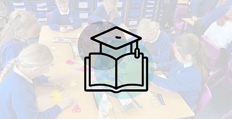 Disgyblion Ysgol Bryn Garth gyda eicon llyfr a het ysgol dros y llun